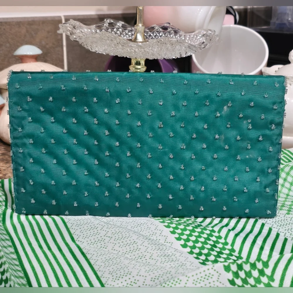 Vintage 60s Handmade Teal Hong Kong Floral Beaded Clutch Purse